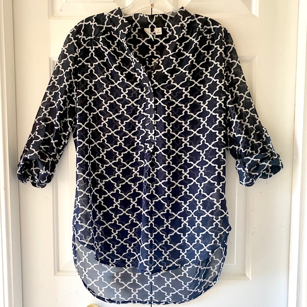 Tacera Navy White Sheer Blouse Military Sleeves S